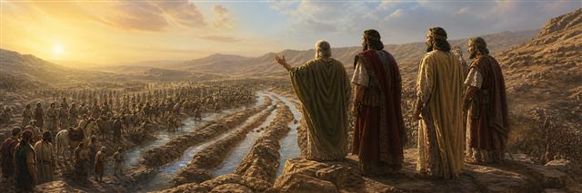 Elisha and three kings overlooking dry trenches filling with water in the wilderness
